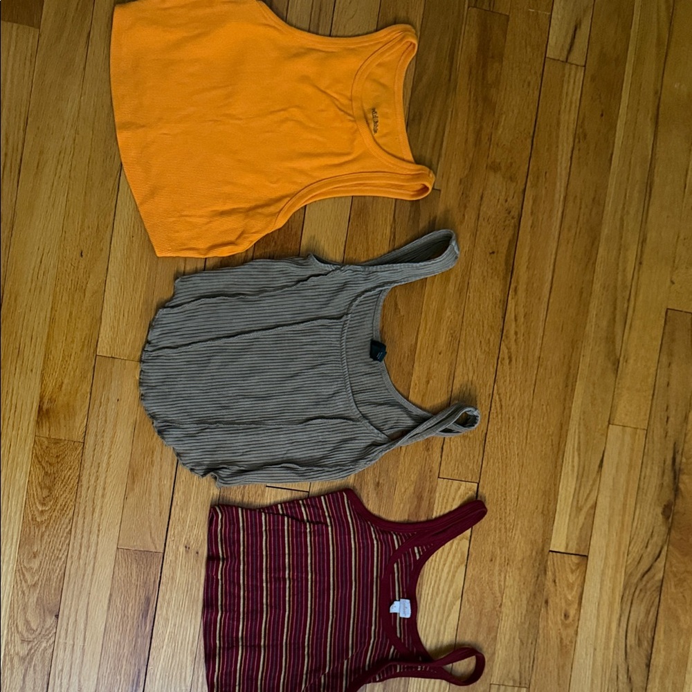 Trio of Tank Tops in Orange, Brown, and Red Stripes